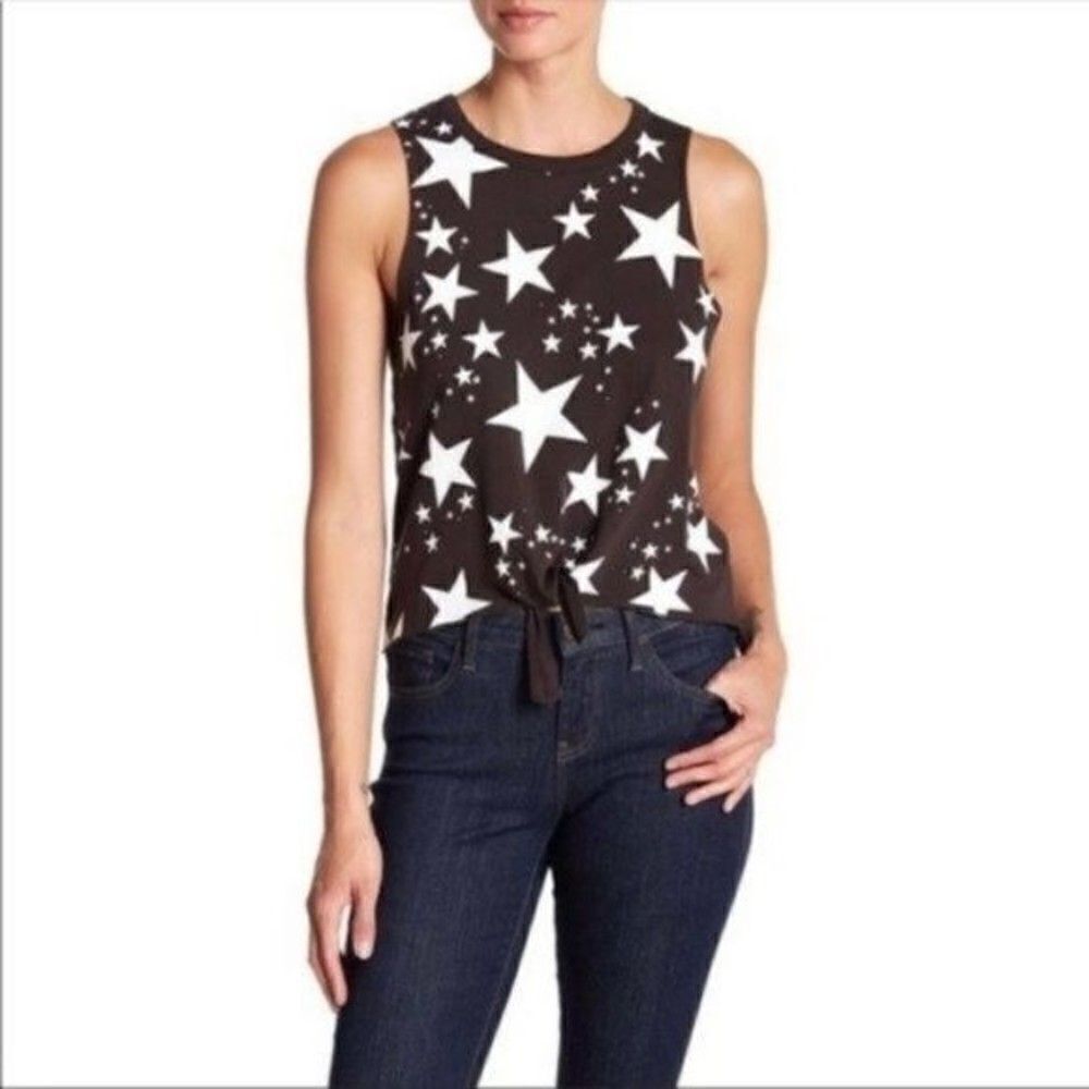 NWT Chaser Star Print Tie-Front Sleeveless Top - Black/White SMALL